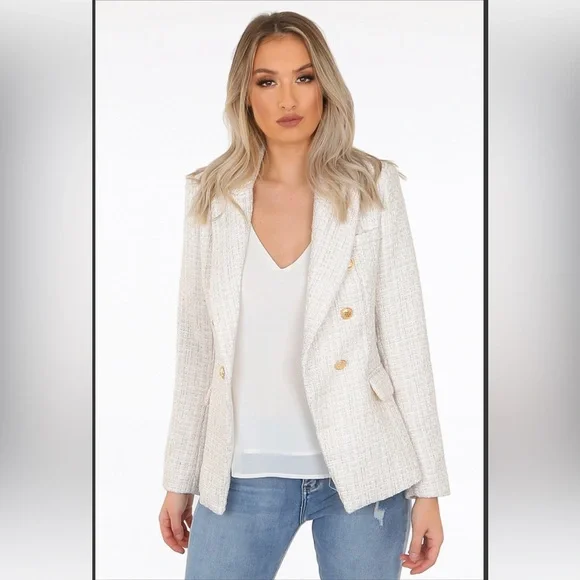 Double-Breasted Cream Tweed Blazer Jacket - Picture 3 of 3